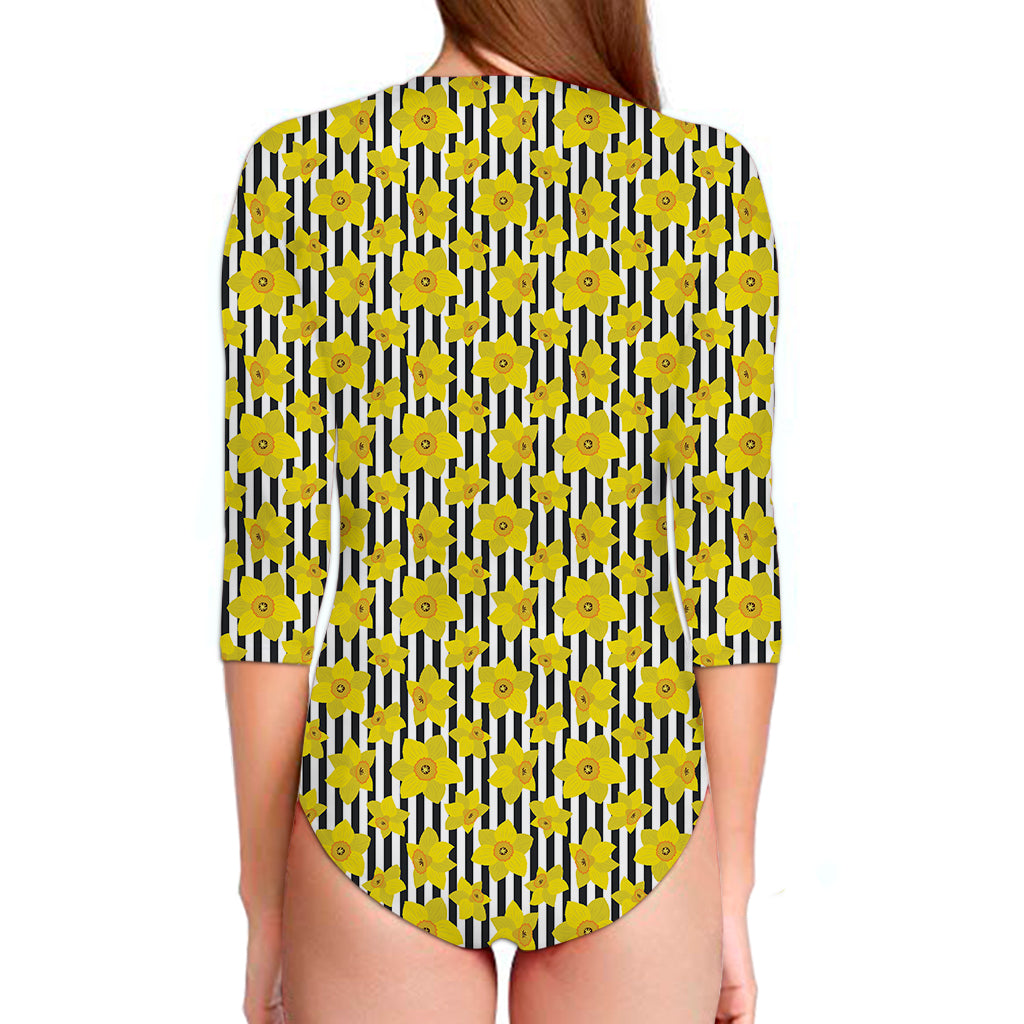 Black Striped Daffodil Pattern Print Long Sleeve Swimsuit