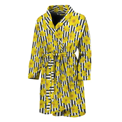 Black Striped Daffodil Pattern Print Men's Bathrobe