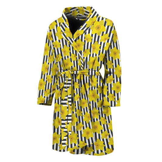 Black Striped Daffodil Pattern Print Men's Bathrobe