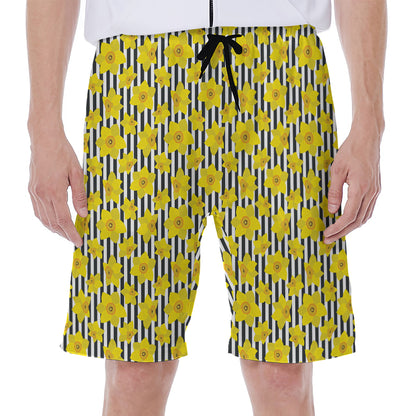 Black Striped Daffodil Pattern Print Men's Beach Shorts