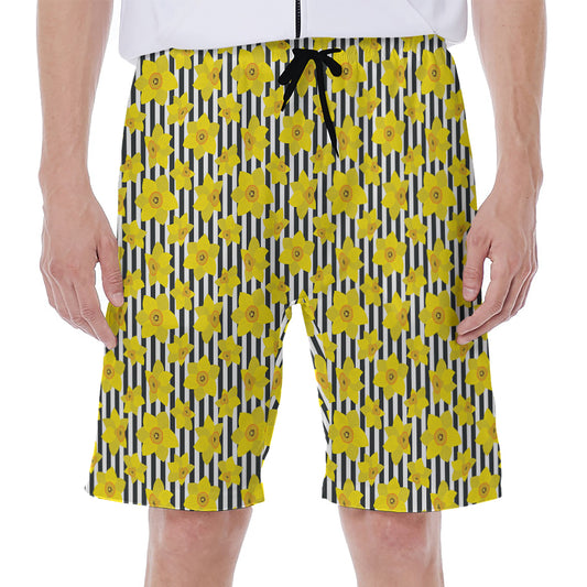 Black Striped Daffodil Pattern Print Men's Beach Shorts