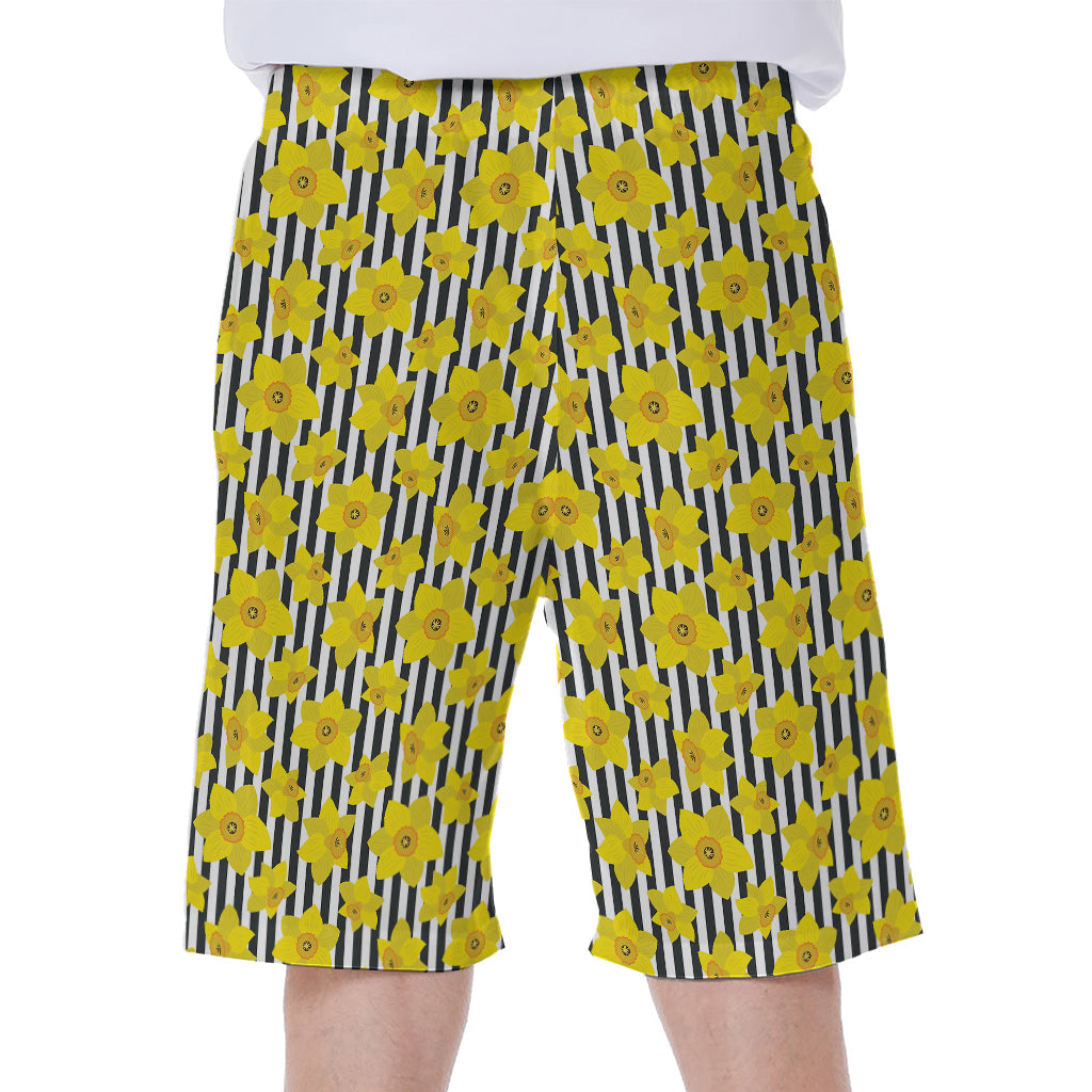 Black Striped Daffodil Pattern Print Men's Beach Shorts