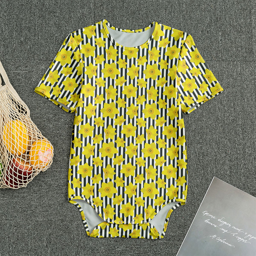 Black Striped Daffodil Pattern Print Men's Bodysuit