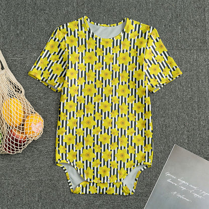 Black Striped Daffodil Pattern Print Men's Bodysuit