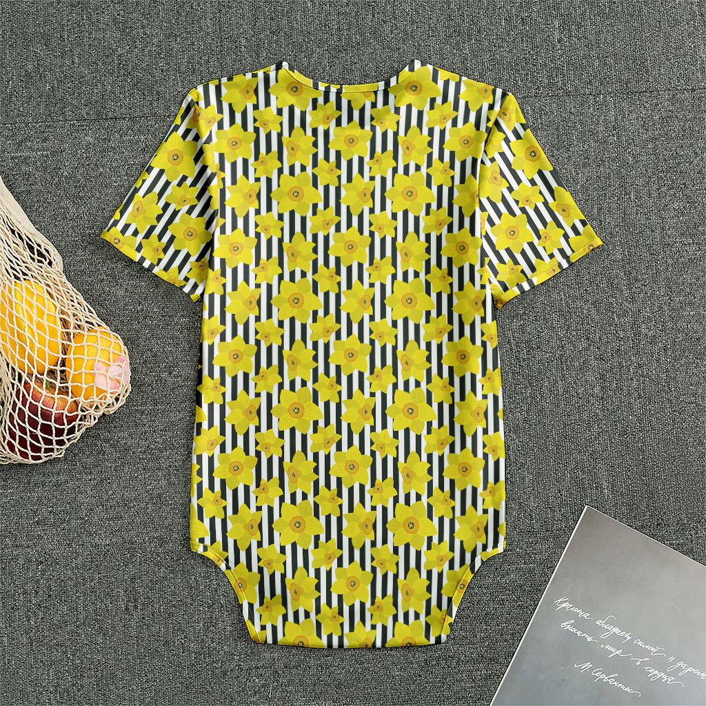 Black Striped Daffodil Pattern Print Men's Bodysuit