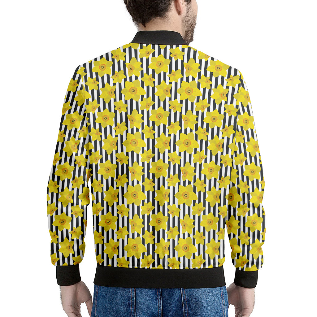 Black Striped Daffodil Pattern Print Men's Bomber Jacket