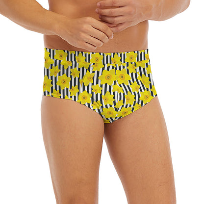 Black Striped Daffodil Pattern Print Men's Briefs