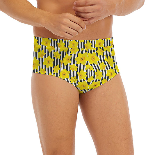 Black Striped Daffodil Pattern Print Men's Briefs
