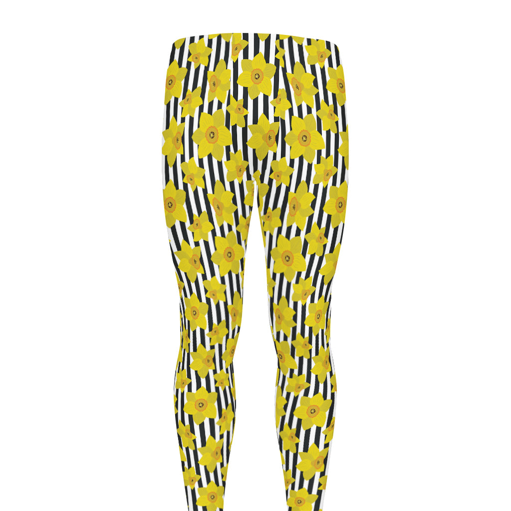 Black Striped Daffodil Pattern Print Men's leggings