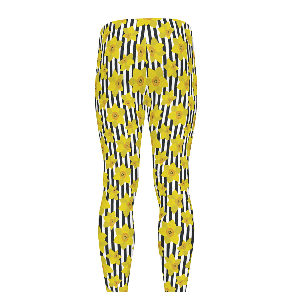 Black Striped Daffodil Pattern Print Men's leggings
