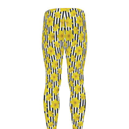 Black Striped Daffodil Pattern Print Men's leggings