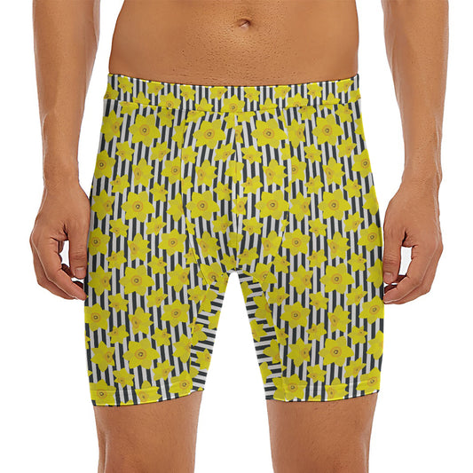 Black Striped Daffodil Pattern Print Men's Long Boxer Briefs