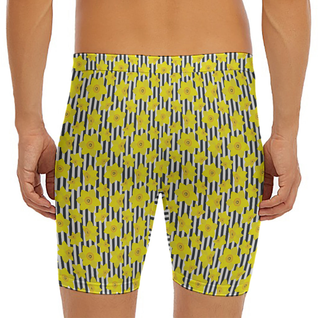 Black Striped Daffodil Pattern Print Men's Long Boxer Briefs