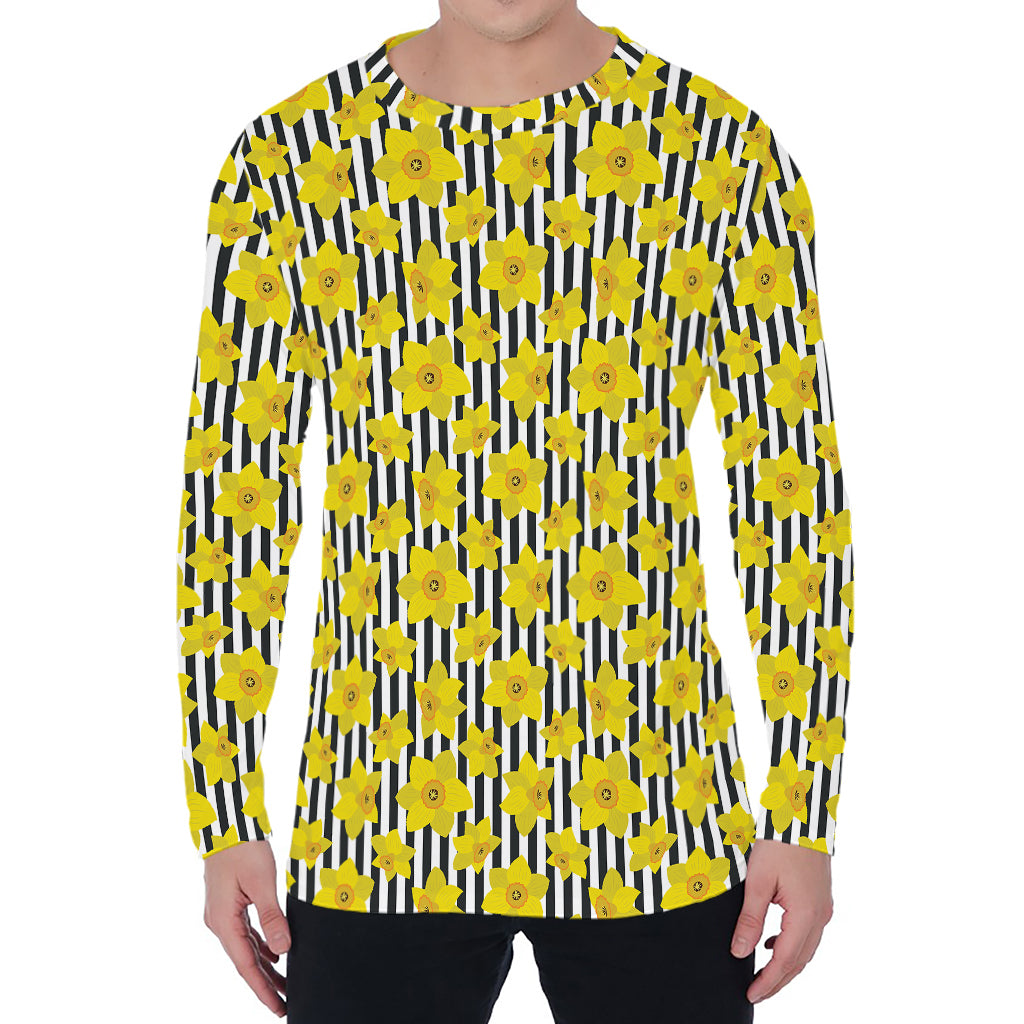 Black Striped Daffodil Pattern Print Men's Long Sleeve T-Shirt