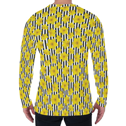 Black Striped Daffodil Pattern Print Men's Long Sleeve T-Shirt