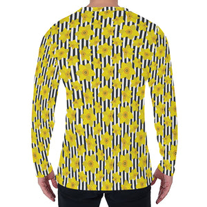 Black Striped Daffodil Pattern Print Men's Long Sleeve T-Shirt