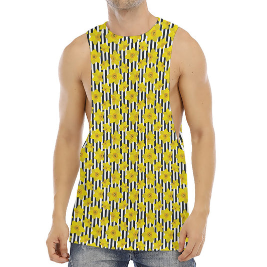 Black Striped Daffodil Pattern Print Men's Muscle Tank Top