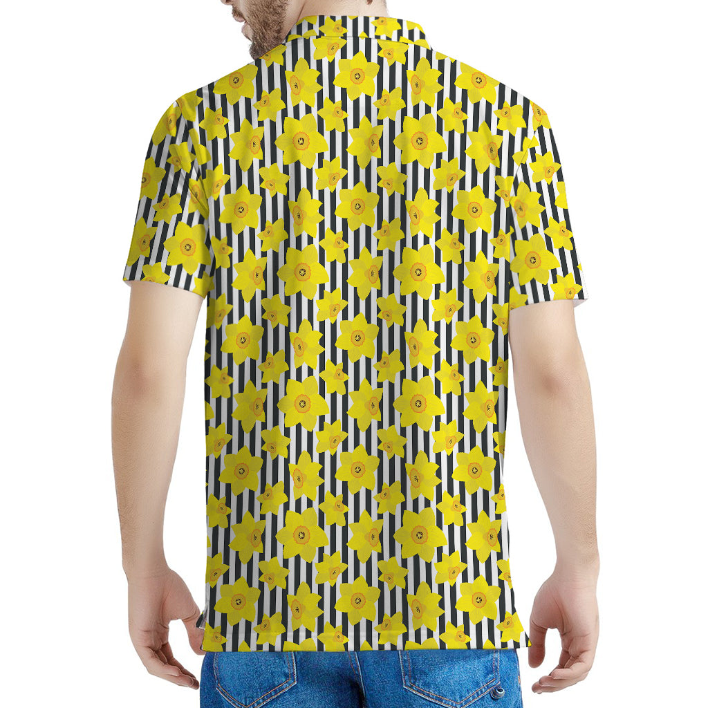 Black Striped Daffodil Pattern Print Men's Polo Shirt