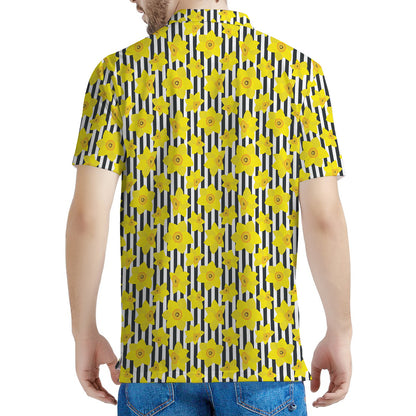 Black Striped Daffodil Pattern Print Men's Polo Shirt