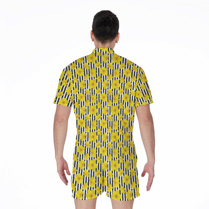 Black Striped Daffodil Pattern Print Men's Rompers