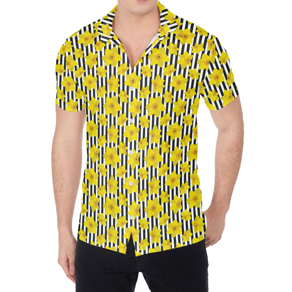 Black Striped Daffodil Pattern Print Men's Shirt