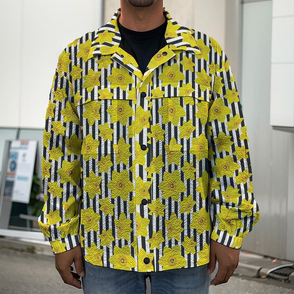 Black Striped Daffodil Pattern Print Men's Shirt Jacket