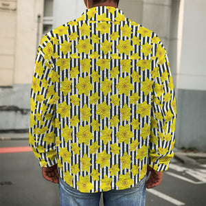 Black Striped Daffodil Pattern Print Men's Shirt Jacket