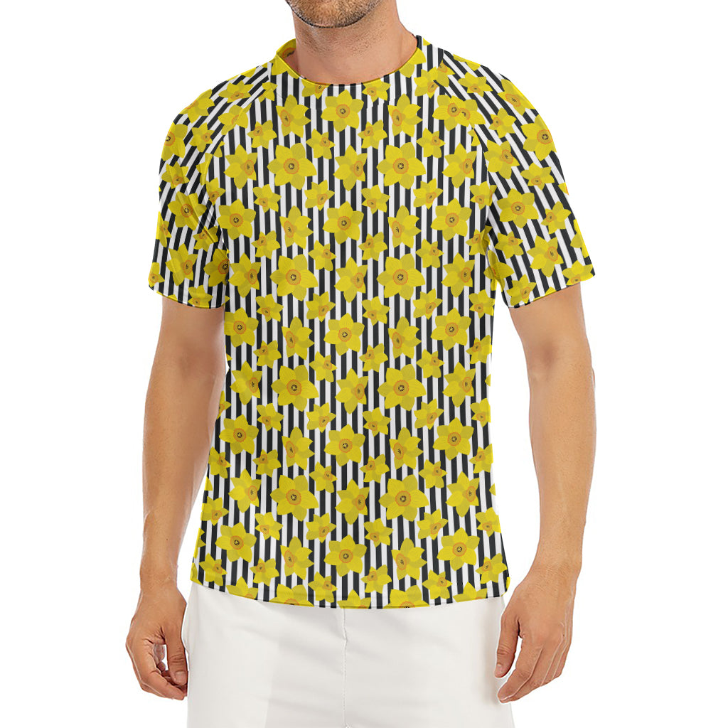 Black Striped Daffodil Pattern Print Men's Short Sleeve Rash Guard