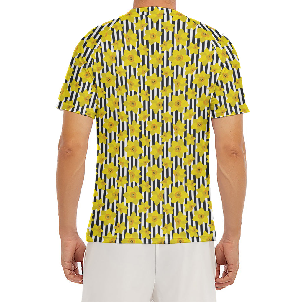 Black Striped Daffodil Pattern Print Men's Short Sleeve Rash Guard