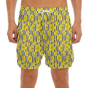 Black Striped Daffodil Pattern Print Men's Split Running Shorts
