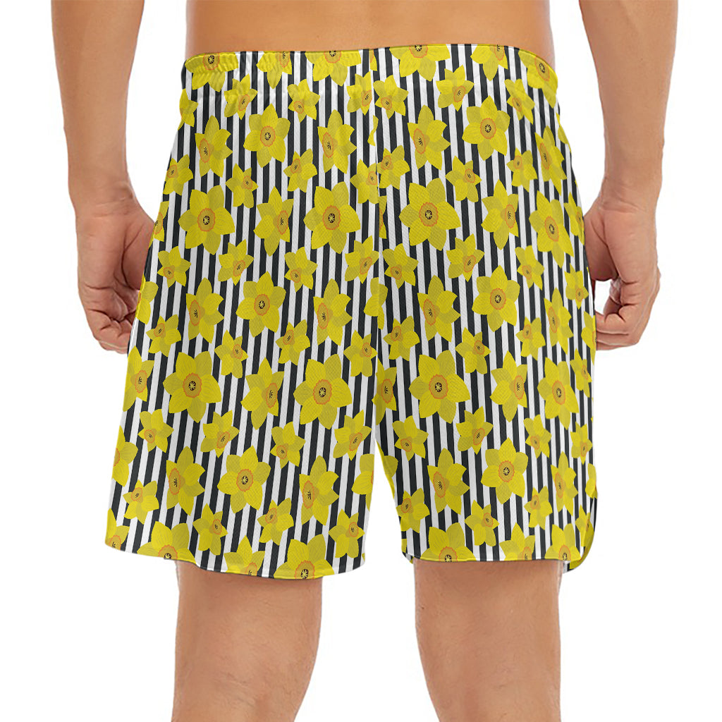 Black Striped Daffodil Pattern Print Men's Split Running Shorts