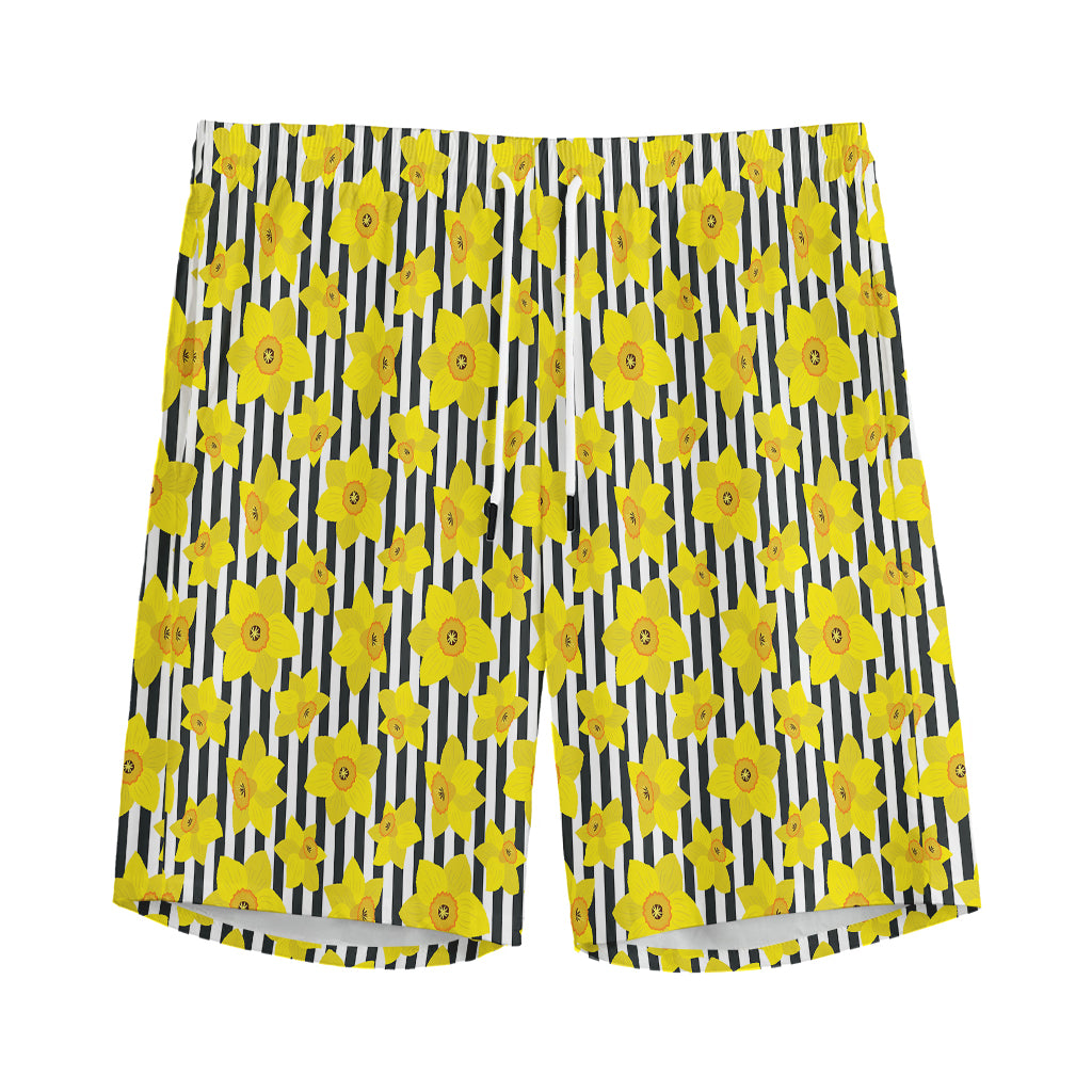 Black Striped Daffodil Pattern Print Men's Sports Shorts