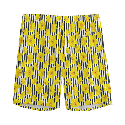 Black Striped Daffodil Pattern Print Men's Sports Shorts