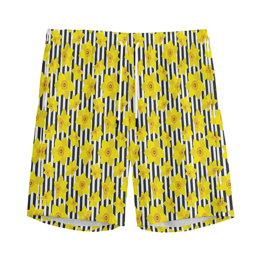 Black Striped Daffodil Pattern Print Men's Sports Shorts