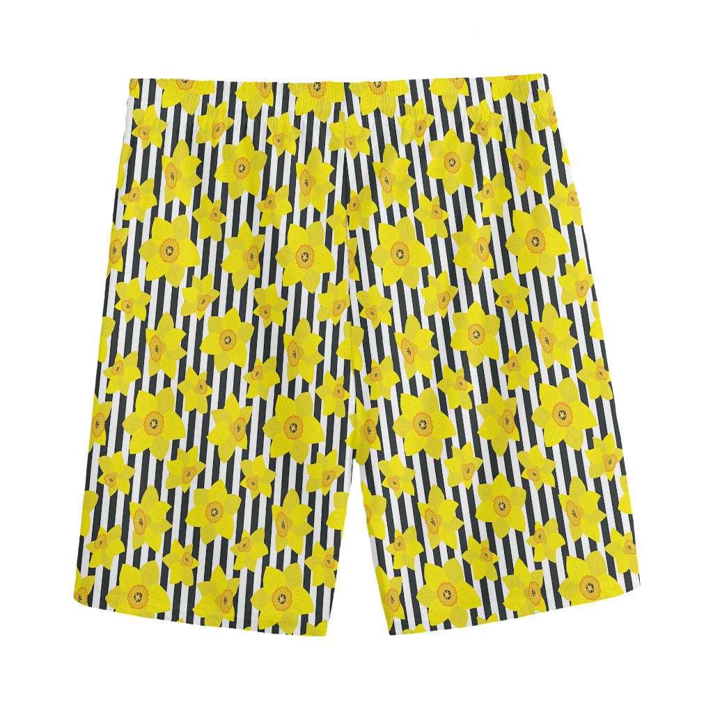 Black Striped Daffodil Pattern Print Men's Sports Shorts