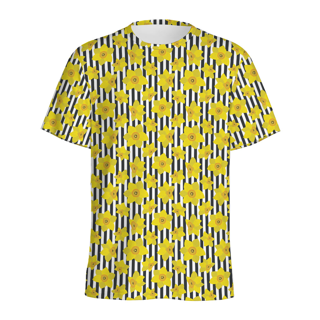 Black Striped Daffodil Pattern Print Men's Sports T-Shirt