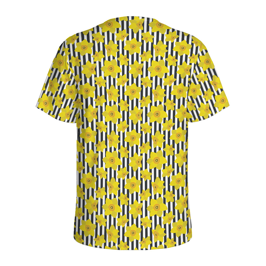 Black Striped Daffodil Pattern Print Men's Sports T-Shirt