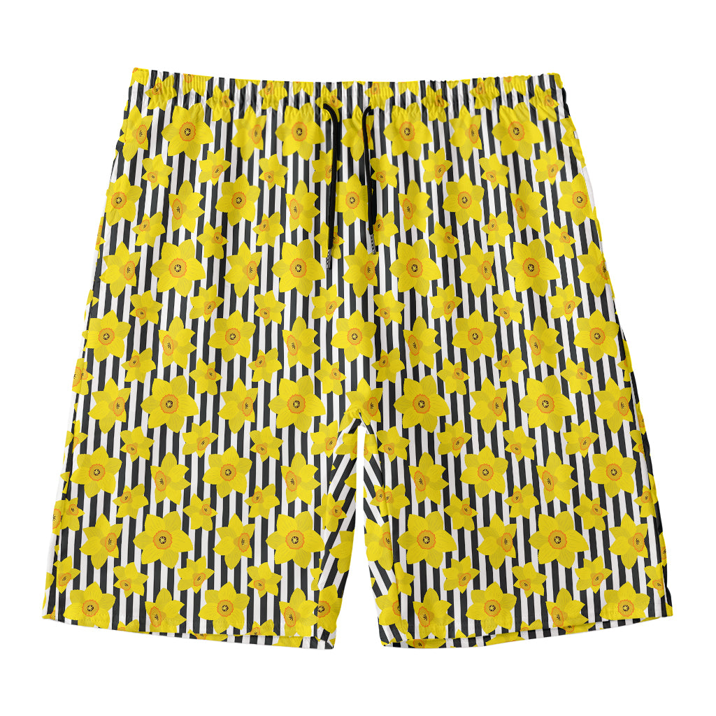 Black Striped Daffodil Pattern Print Men's Swim Trunks