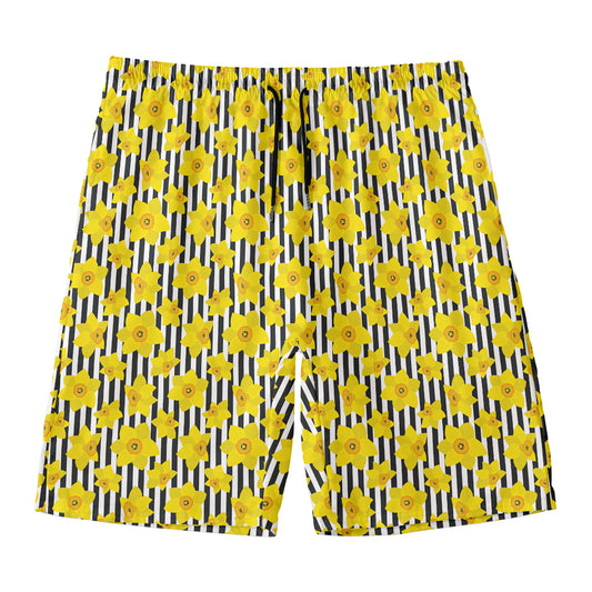 Black Striped Daffodil Pattern Print Men's Swim Trunks