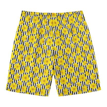 Black Striped Daffodil Pattern Print Men's Swim Trunks
