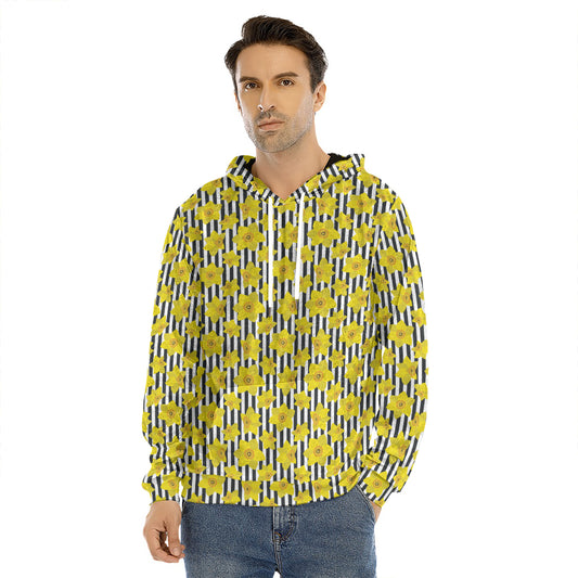 Black Striped Daffodil Pattern Print Men's Velvet Pullover Hoodie