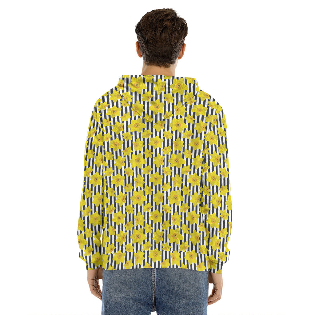 Black Striped Daffodil Pattern Print Men's Velvet Pullover Hoodie