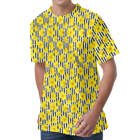 Black Striped Daffodil Pattern Print Men's Velvet T-Shirt