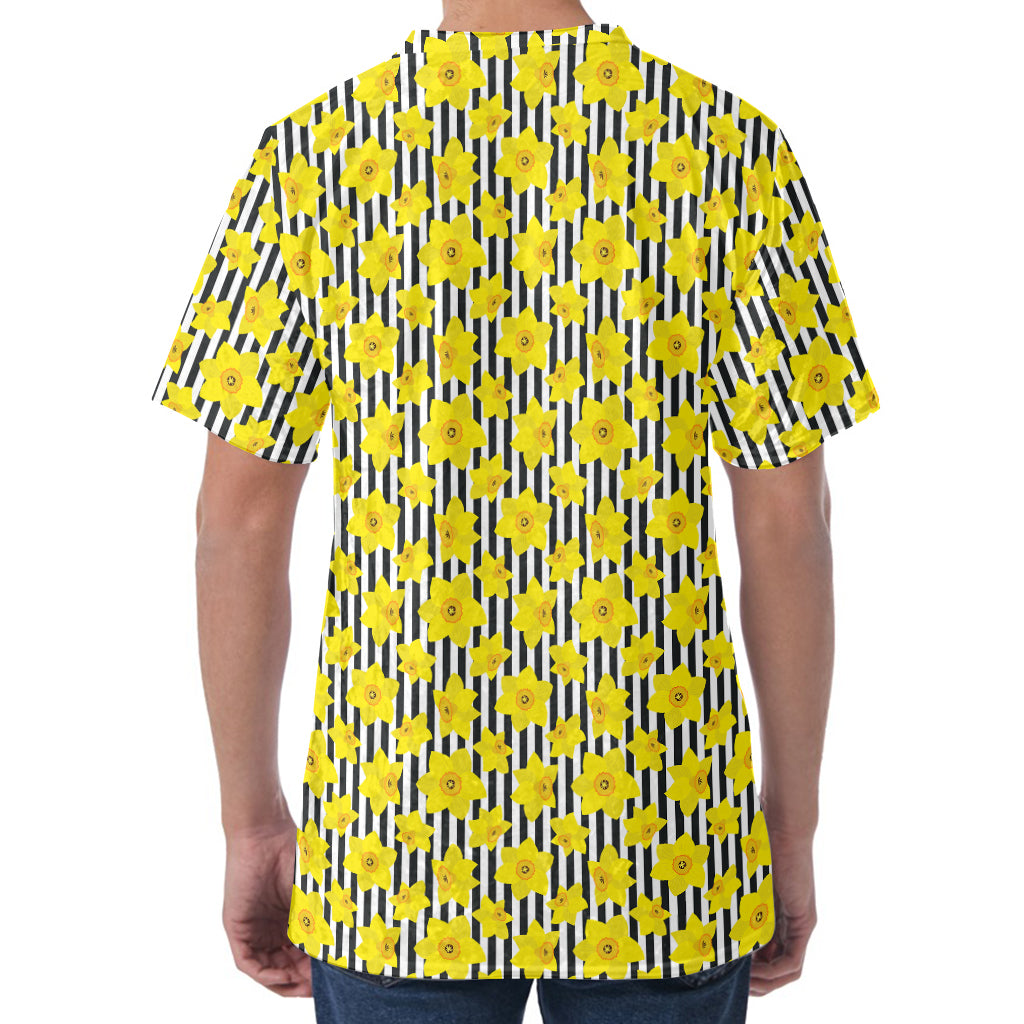 Black Striped Daffodil Pattern Print Men's Velvet T-Shirt