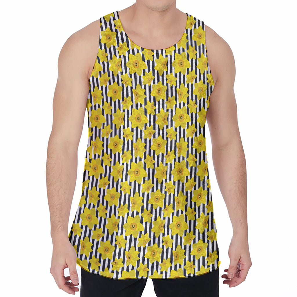 Black Striped Daffodil Pattern Print Men's Velvet Tank Top