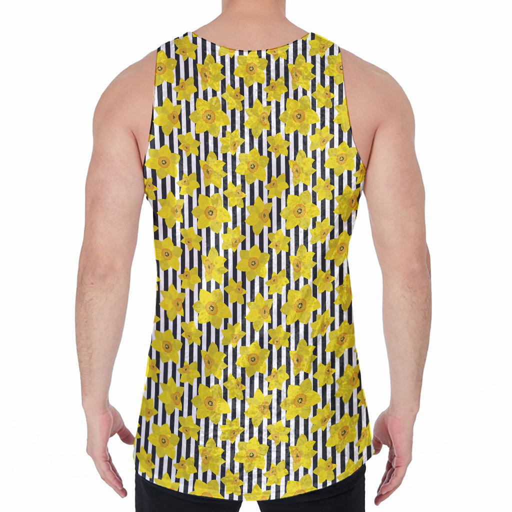 Black Striped Daffodil Pattern Print Men's Velvet Tank Top