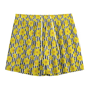 Black Striped Daffodil Pattern Print Mesh Shorts