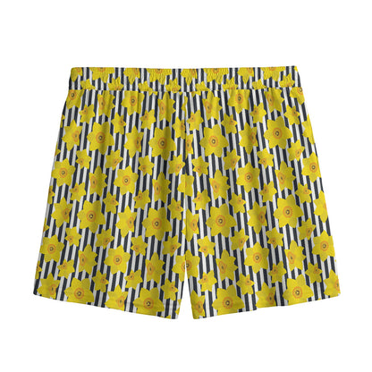 Black Striped Daffodil Pattern Print Mesh Shorts