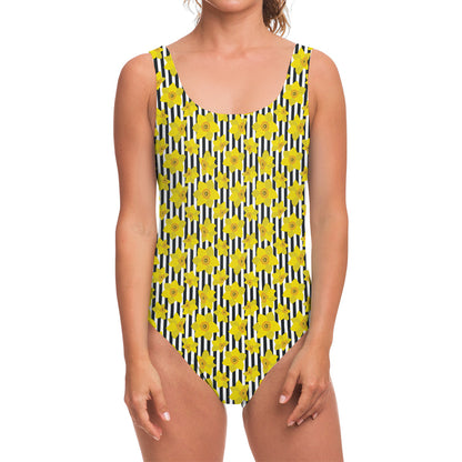Black Striped Daffodil Pattern Print One Piece Swimsuit