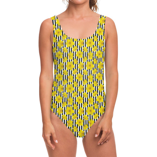 Black Striped Daffodil Pattern Print One Piece Swimsuit